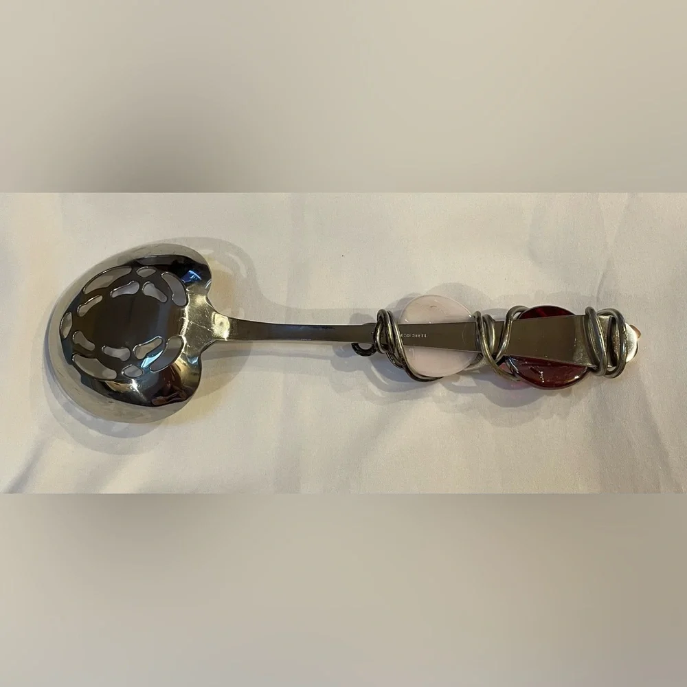 Decorative Stainless Steel Slotted Serving Spoon with Wire Wrapped Beaded Handle